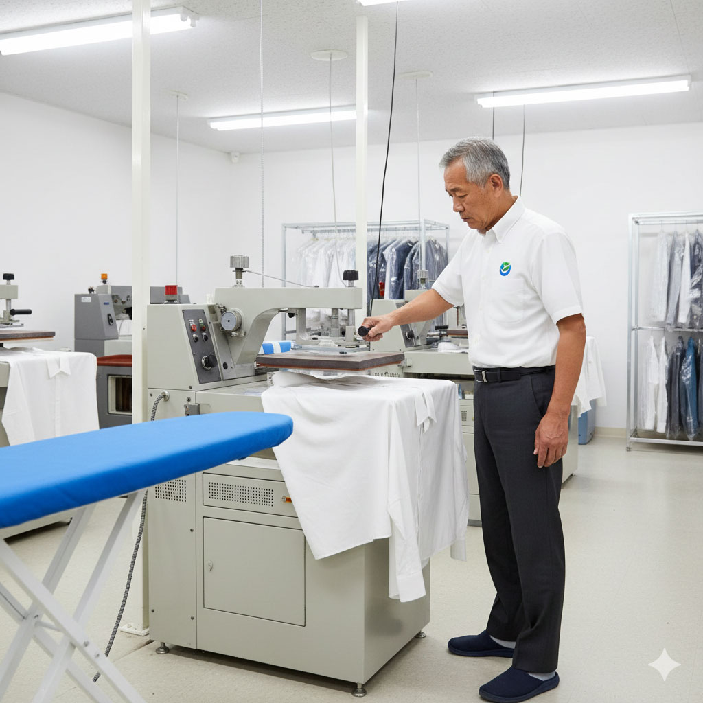 Steam ironing clothes in a modern laundry studio